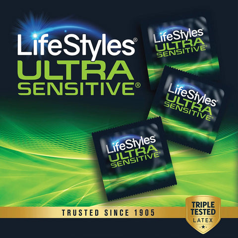 Image of LifeStyles Ultra Sensitive condoms packaging with focus keyword: Ultra Thin Ultra Sensitive Latex Condoms With Lubricant For A Real Natural Feel And Maximum Sensitivity Barely There Glide With Low Scent Latex And Paraben Free Lubricant 12 Count Pack Packaging May Vary.