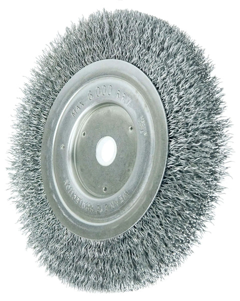 Knock Out Stubborn Rust Fast With This Heavy Duty 6 Inch Medium Face Bench Grinder Wheel Featuring Crimped Steel Wire Brush for efficient metal prep.