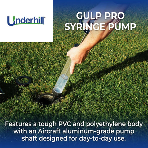 Gulp Pro Syringe Siphon Water Pump with 24 inch length and 17 inch discharge tube in use on grassy field.