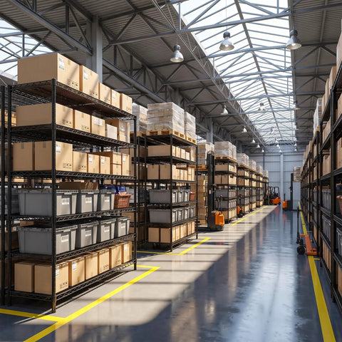 Beefed Up Storage Shelves With Adjustable Height, 3840 Lbs Capacity, in a warehouse filled with boxed items, maximizing vertical space