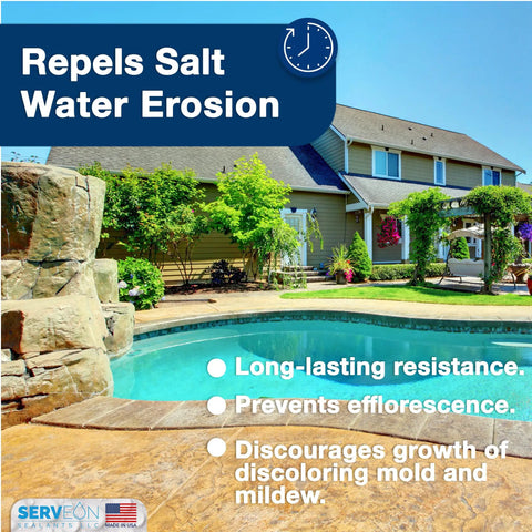 Premium Natural Stone And Patio Sealer For Concrete Slabs And Brick Walls Water Based Clear Repellent Shields Against Rain Stains And Freeze Thaw Damage Full Gallon Built Tough Like A Boss on a pool patio.