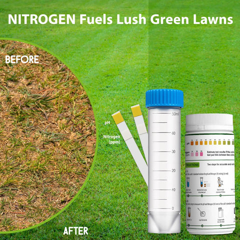 All In One Soil pH And Nitrogen Testing Kit 100 Pack Resealable Pouches with test tube and strips on lawn