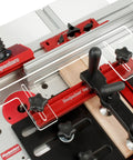Router Table Coping Sled For Precise Woodworking With Adjustable Top Plate And Fence Guide Five And A Half Inches Capacity Dual Clamps Centered To Prevent Lifting Clear Guide Tracks Along Fence Not Miter Slot Made In USA, shown from above with clear guide tracks.