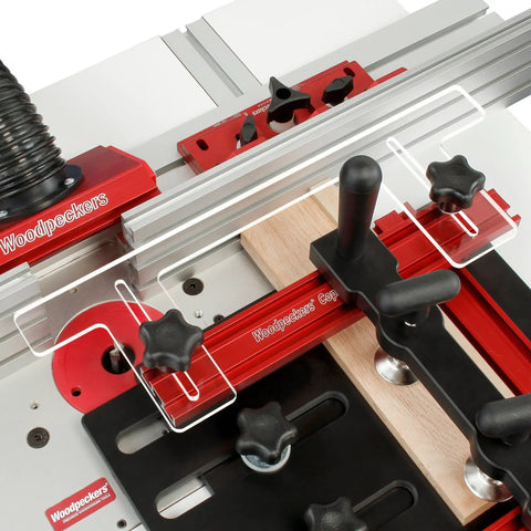 Router Table Coping Sled For Precise Woodworking With Adjustable Top Plate And Fence Guide Five And A Half Inches Capacity Dual Clamps Centered To Prevent Lifting Clear Guide Tracks Along Fence Not Miter Slot Made In USA, shown from above with clear guide tracks.