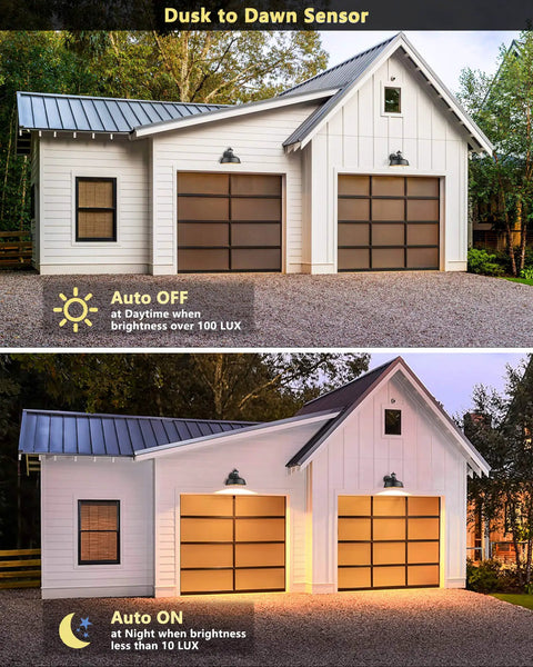 Motion Sensor Barn Light Outdoor Dusk To Dawn Wall Sconce With Auto On Off showing day and night activation on garage