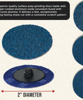Close-up of Blue Two Inch Grinding Discs Set With Roll Lock Quick Change Adapter And Backing Pad, Zirconia Coarse Cut Sanding Discs