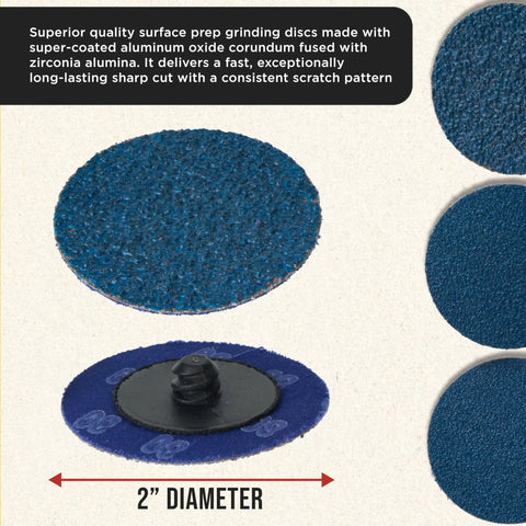 Close-up of Blue Two Inch Grinding Discs Set With Roll Lock Quick Change Adapter And Backing Pad, Zirconia Coarse Cut Sanding Discs