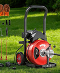 Professional Grade 100ft Heavy Duty Electric Drain Auger With 3/4 Inch Steel Core Cable on display with tools and gloves.