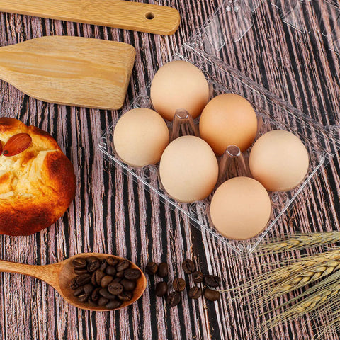 36 Pack Clear Plastic Egg Cartons with Six Egg Capacity Eco Friendly Disposable Egg Holders on wooden surface with bread and beans