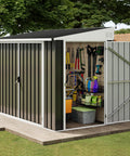 7x4 Foot Outdoor Weatherproof Storage Shed With Lockable Dual Doors, Secure Metal Bike And Tool Storage, Dark Gray Garden Storage Solution shown with open doors and organized interior showcasing tools and equipment.