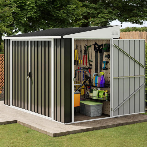 7x4 Foot Outdoor Weatherproof Storage Shed With Lockable Dual Doors, Secure Metal Bike And Tool Storage, Dark Gray Garden Storage Solution shown with open doors and organized interior showcasing tools and equipment.
