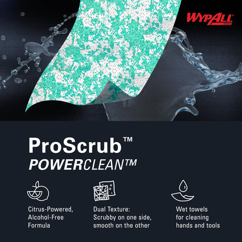 Heavy Duty Wet Towels ProScrub Dual Action Cleaning Wipes 9.5 By 12 Inches with citrus-powered alcohol-free formula shown.