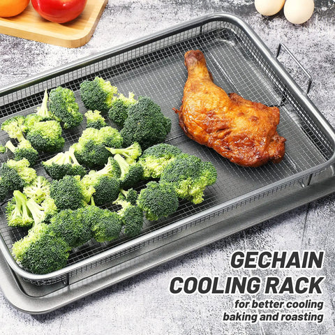 Extra Large Oven Air Fryer Basket Set, Stainless Steel Tray, Large Capacity 17.5 X 11.8 Inches, roasted chicken and broccoli