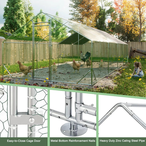 Walk-In Metal Chicken Coop With Waterproof UV Cover, Spacious 10 ft L by 26 ft W by 6.56 ft H Poultry Run House, Durable Galvanized Steel Frame