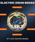 Electric trailer brake drum assembly, 10 x 2.25 in, front view with brake shoes, springs, and magnet.
