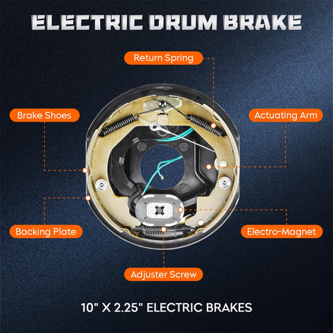 Electric trailer brake drum assembly, 10 x 2.25 in, front view with brake shoes, springs, and magnet.