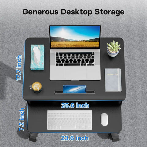 Top view of mobile standing desk with keyboard tray and wheels, laptop setup, showing generous desktop storage and dimensions.