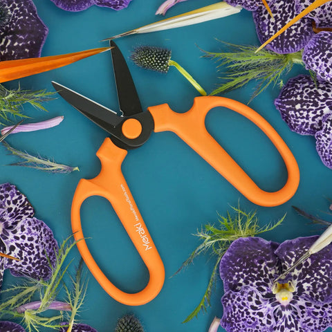 Floral Scissors Set Of 3 With Carbon Steel Blades For Precise Flower Pruning And Arranging, seen with blue and purple flowers