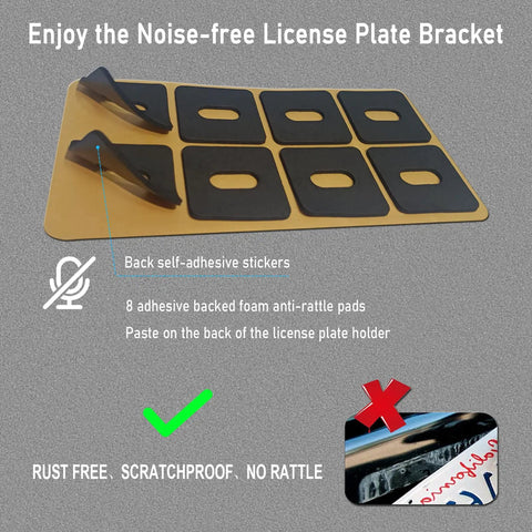 License Plate Bracket Holder Front Mounting Kit anti-rattle foam pads with adhesive backing and installation instructions