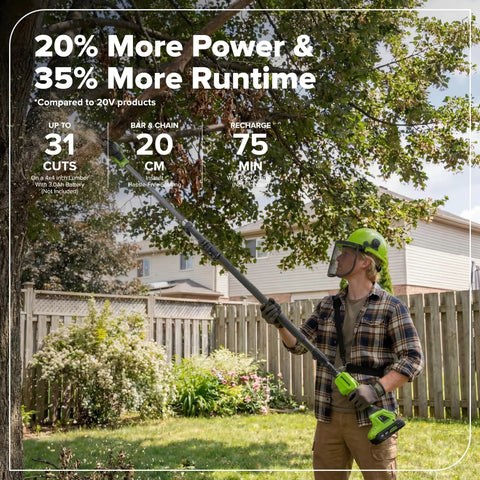 Heavy Duty 24V Brushless Cordless Pole Saw With Eight Inch Guide Bar Cracks Through Thick Limbs And Garden Overhaul Makes Pruning A Total Cinch Includes Rugged Carry Bag For Backyard Titans in use, cutting branches overhead.