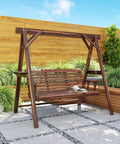 Three Seat Outdoor Porch Swing With Stand And Side Tables, Wooden Patio Swing Bench With Steel Chains, Durable Carbonized Brown Finish