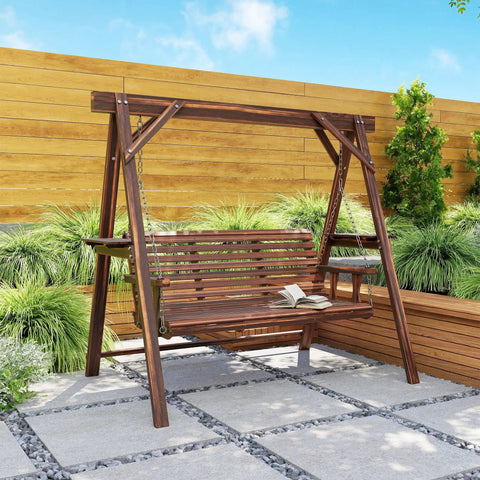 Three Seat Outdoor Porch Swing With Stand And Side Tables, Wooden Patio Swing Bench With Steel Chains, Durable Carbonized Brown Finish