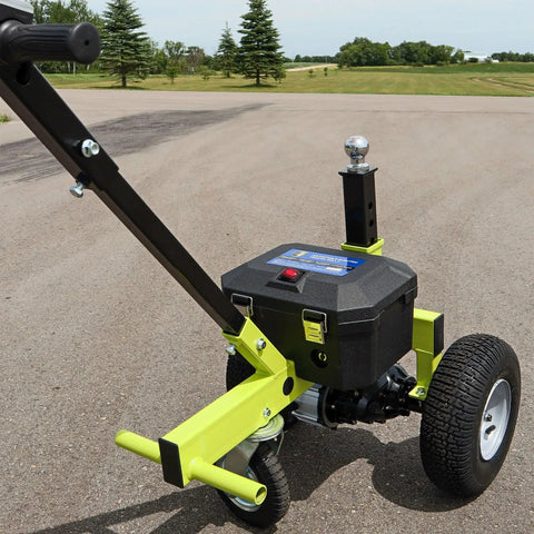 Tow Tuff Electric Trailer Dolly With 3500 Lb Capacity, heavy duty battery powered handcart with wheels on flat surface.