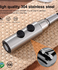 Universal Kitchen Faucet Replacement Head Pull Down Spray Nozzle With Fifteen Heavy Duty Adapters close up of brushed nickel metal with button controls.