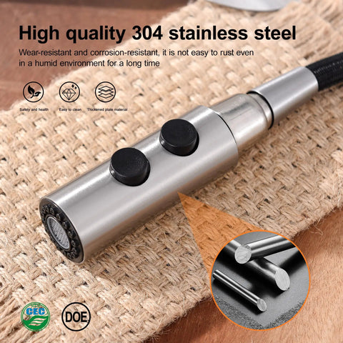 Universal Kitchen Faucet Replacement Head Pull Down Spray Nozzle With Fifteen Heavy Duty Adapters close up of brushed nickel metal with button controls.