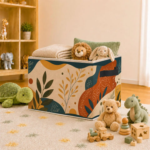 Boho Abstract Botanical Foldable Storage Bins for Home Organization Collapsible Fabric Cubes holding toys and blankets.
