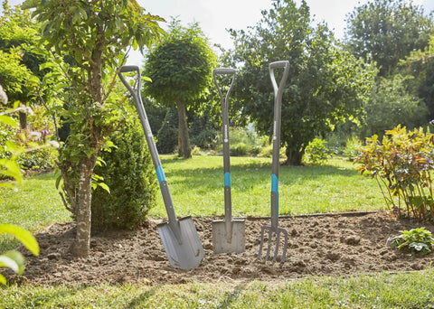 Nature Line Spading Fork For Quick, No-Fuss Root-Safe Digging And Loosening Soil In Garden Beds, displayed with other tools