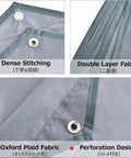 Close-up of Rugged All Weather Waterproof Tent Tarp Hexagon Rain Fly With Hammock Ground Cloth And Sunshade Mat details showing stitching and grommet.