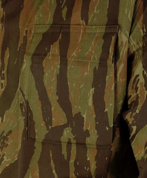 Men's Ripstop BDU Uniform Coat Built Tough Military Style Jacket With Four Cargo Pockets Drain Holes Asian Tiger Stripe Camo close-up of fabric.