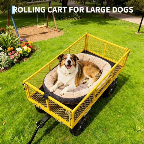 Dog on 900 Lbs Heavy Duty Garden Wagon Cart With Steel Frame, Removable Mesh Sides, 10 Inch All Terrain Pneumatic Tires