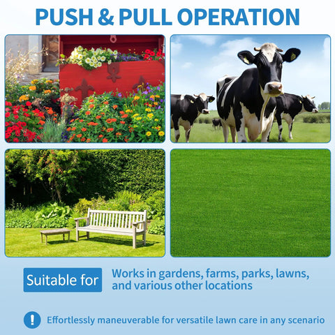 Push and pull operation graphic showing garden, farm, park, and lawn settings; ideal for versatile lawn care