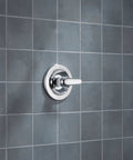 Chrome Delta Faucet Tub And Shower Trim Kit For Valve Rough With Pressure Balance Cartridge Not Included ADA Compliant on gray tile