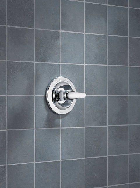 Chrome Delta Faucet Tub And Shower Trim Kit For Valve Rough With Pressure Balance Cartridge Not Included ADA Compliant on gray tile