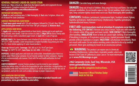Honey Maple Oil Based Wood Stain Penetrating Grain Care 1 2 Pint label with usage instructions and safety warnings.