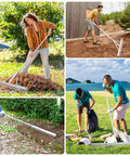 Collage of people using 36 Inch Aluminum Landscape Rake With 67 Inch Handle for fast lawn care and yard work in various settings