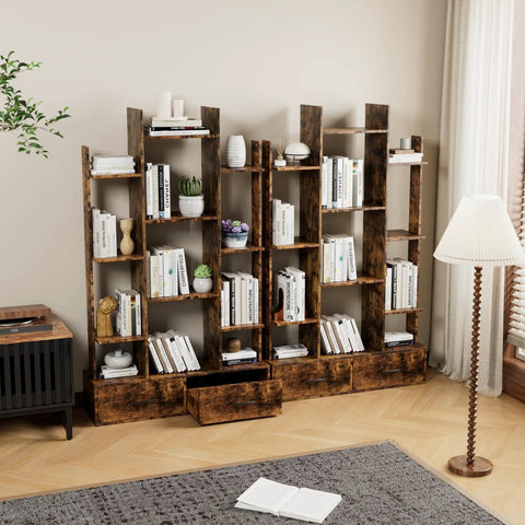 Vintage Industrial Freestanding Bookcase With 12 Shelves And 2 Drawers In Rustic Brown Finish For Living Room Bedroom Study Or Home Office A Dope Space Saving Storage Organizer That Showcases Books Decor And More in cozy living space