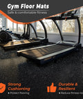 Interlocking Gym Floor Mats With Rubber Top 0.4 Inch Thick 24 Pieces Covering 96 Sq Ft Dual Layer High Density EVA Foam Base With Rugged EPDM Rubber Surface Heavy Duty Home Gym Flooring For Exercise Gear Black And Grey shown with exercise equipment setup in home gym.