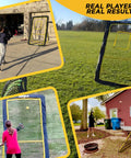 Lacrosse And Volleyball Rebounder Net 4x7 Feet With Adjustable Five Angles For Soccer And Baseball Practice displayed outdoors.