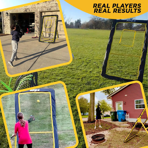 Lacrosse And Volleyball Rebounder Net 4x7 Feet With Adjustable Five Angles For Soccer And Baseball Practice displayed outdoors.