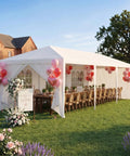 10x30 Party Tent With Removable Sidewalls And Dual Doors For Outdoor Fun, Waterproof Gazebo set up in garden with wedding decor.
