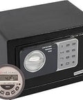 Black time lock safe with weekly and daily programmable timer, featuring keypad, anti bounce tech, open on schedule for valuables