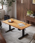 Yihayo Electric Standing Desk For Short People With 48 By 24 Inch Surface And Rustic Brown Finish in a modern living room setup.