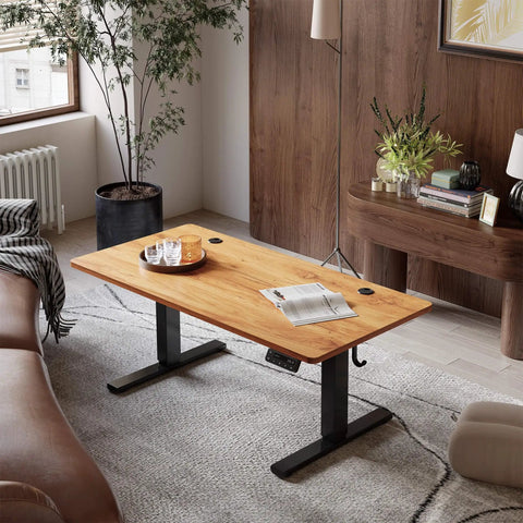 Yihayo Electric Standing Desk For Short People With 48 By 24 Inch Surface And Rustic Brown Finish in a modern living room setup.