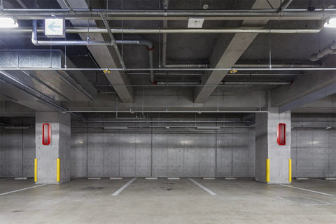 Straight Up Outdoor Fire Extinguisher Cabinet With Red Breaker Bar Mount And Hella Tough Plastic Shell For 10 Lb Abc Suppression in parking garage.