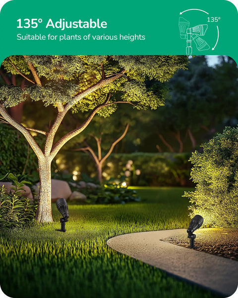 8 Pack Low Voltage Landscape Lights Kit With 6 Pathway Lights And 2 Spotlights, adjustable spotlight illuminating a tree