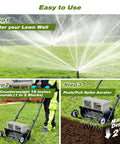 18-Inch Push Spike Lawn Aerator With Pro Grade Heavy Duty Rolling Design in use on grass with step-by-step instructions